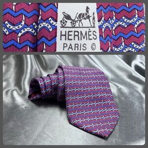 Hermes Zig Zag Lucky Horse Shoe Bit Men's Designer Silk Neck Tie France 7105 OA